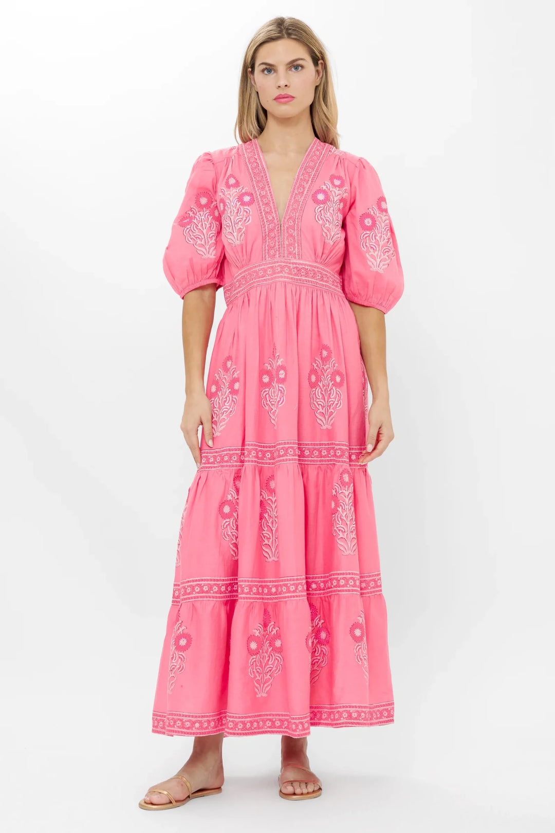 V Neck Puff Maxi Dress in Raton Pink - obligato