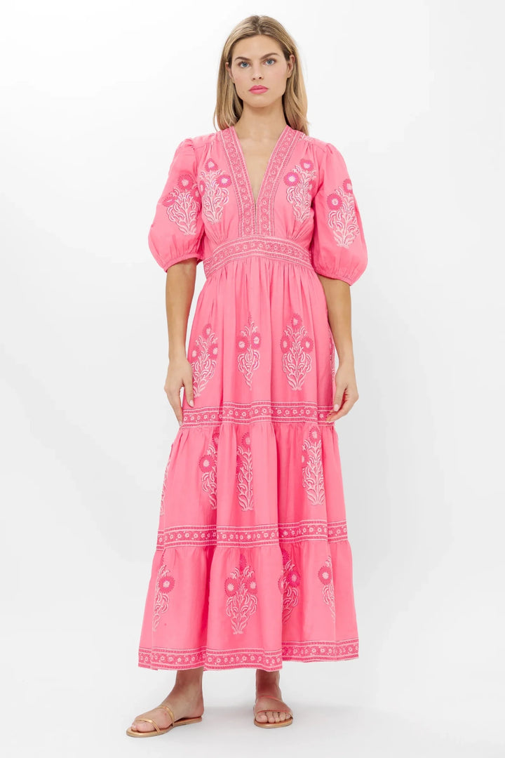 V Neck Puff Maxi Dress in Raton Pink - obligato