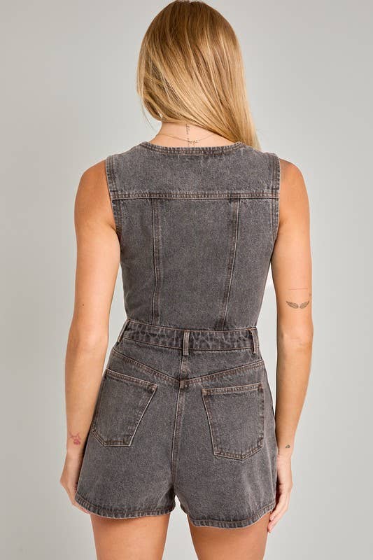 V - Neck Sleeveless Denim Romper in Washed Black - obligato