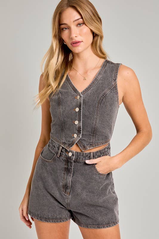 V - Neck Sleeveless Denim Romper in Washed Black - obligato