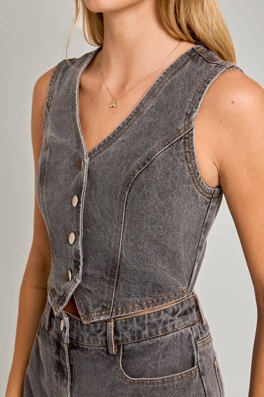 V - Neck Sleeveless Denim Romper in Washed Black - obligato