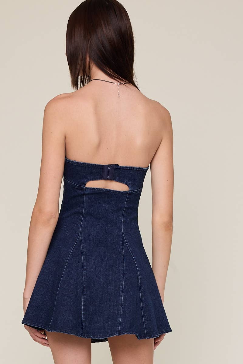 Washed Denim Tube Mini Dress in Indigo - obligato