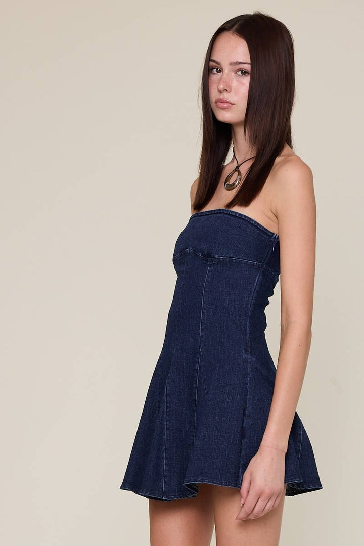 Washed Denim Tube Mini Dress in Indigo - obligato