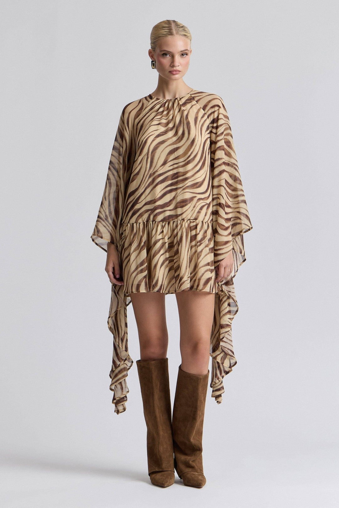 Waterfall Sleeve Zebra Print Crinkle Georgette Mini Dress in Autumn Zebra - obligato