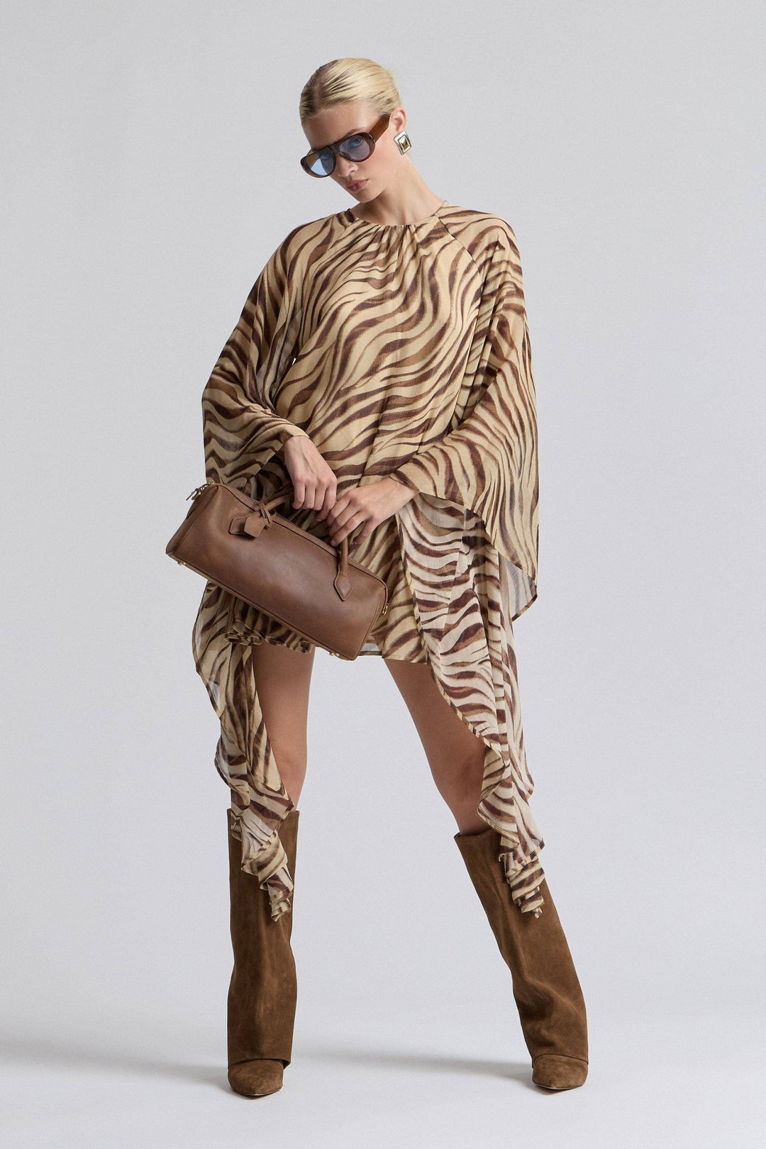 Waterfall Sleeve Zebra Print Crinkle Georgette Mini Dress in Autumn Zebra - obligato