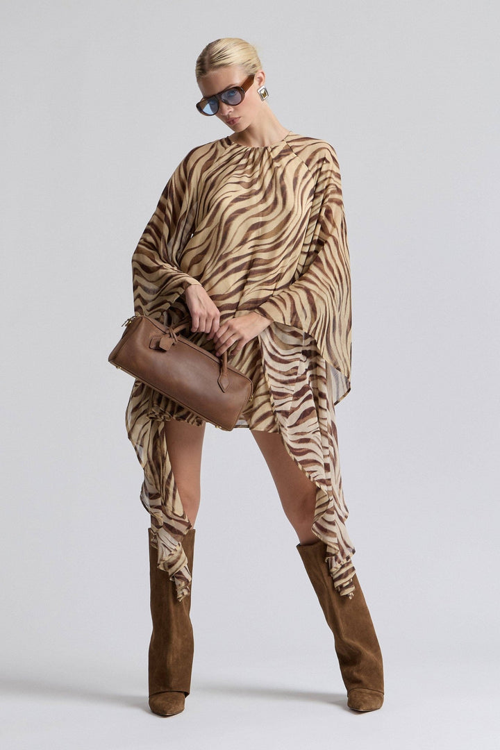 Waterfall Sleeve Zebra Print Crinkle Georgette Mini Dress in Autumn Zebra - obligato