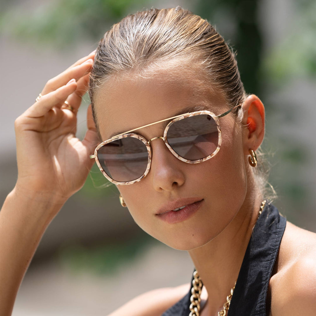 Weston Acetate Round Unisex Sunglasses: Pink Pearl / Brown - obligato