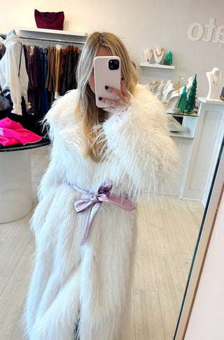 White Faux Fur Belted Coat - obligato