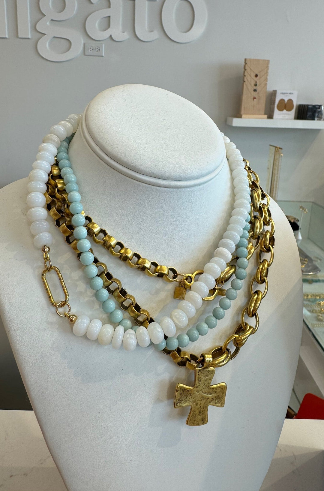 White Opal Gemstone Necklace with Diamond Oval Clip - obligato