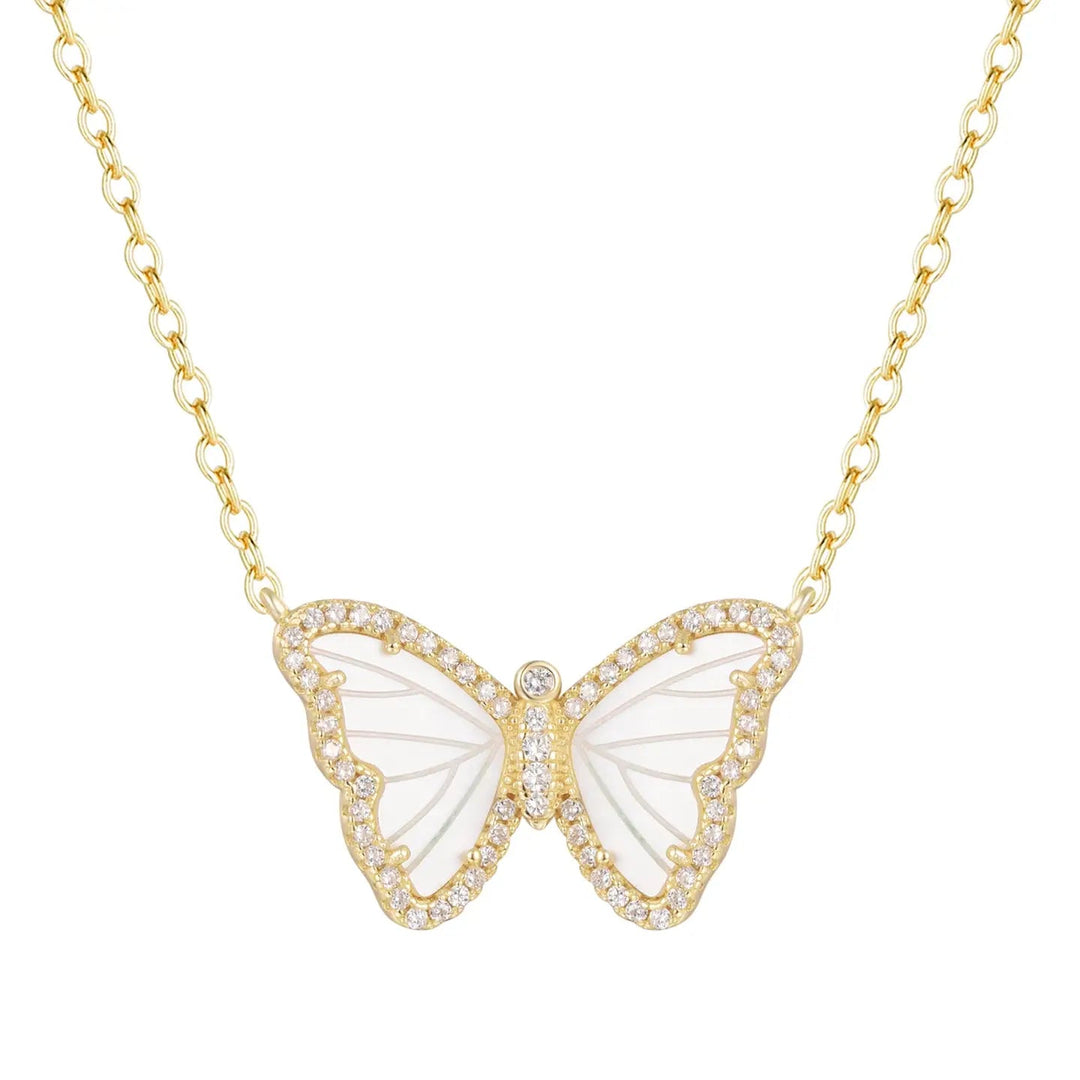 White Pearl Butterfly Necklace with Crystals - obligato