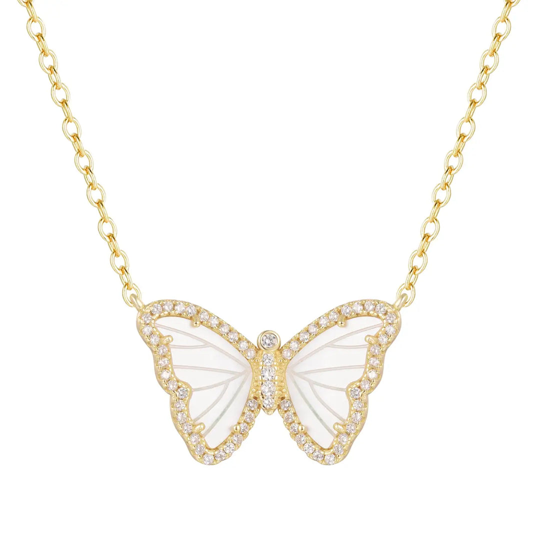 White Pearl Butterfly Necklace with Crystals
