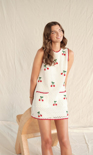 Wynn Cherry Mesh Crochet Mini Dress - obligato