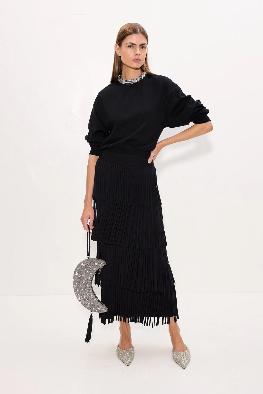 Za Za Knit Fringe Skirt in Black - obligato